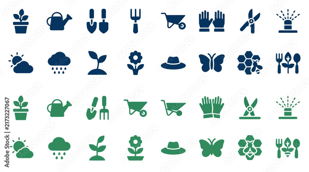 Fototapeta premium Gardening tools and backyard agriculture icon set for horticulture.
