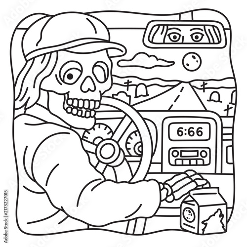Funny Halloween coloring page with a skeleton taxi driver turning around and frightening his female passenger. Spooky car ride scene with dashboard, steering wheel and creepy humor.