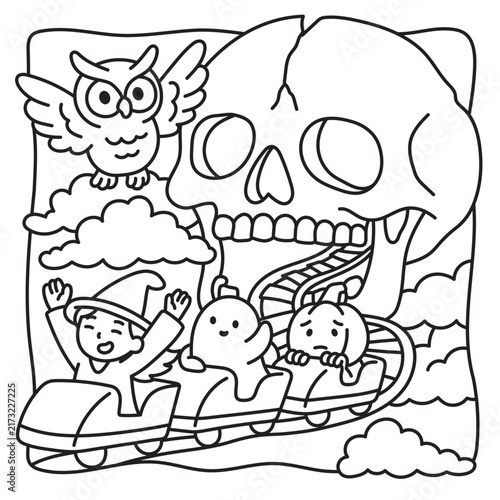 Thrilling Halloween coloring page with spooky characters riding a roller coaster from a giant skull attraction. A flying owl joins the fun in this creepy amusement park scene.