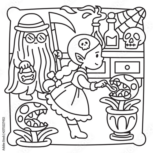 Cute Halloween coloring page with a little girl exploring a spooky room with magical plants. Black and white line art with skulls, ghost, mushrooms, bottles and cobwebs.