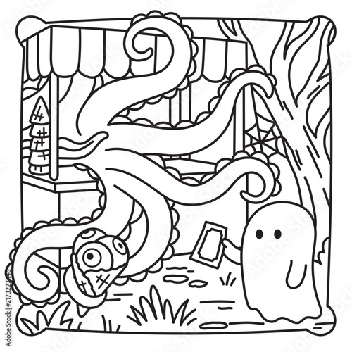 Quirky Halloween coloring page with an octopus selling creepy ice cream to a little ghost. Spooky outdoor scene with tentacles, pumpkins, cobwebs and a mysterious ice cream stand.