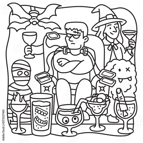Festive Halloween coloring page with a group of classic spooky characters enjoying drinks together. Fun party scene with witch, mummy, vampire, monster, bat and creepy decorations. 