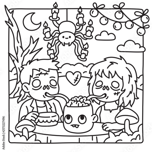 Cozy Halloween coloring page with two cute zombies sharing a zombie bowl. Festive night scene with hanging skeleton, candles, moon, lights and spooky decorations.