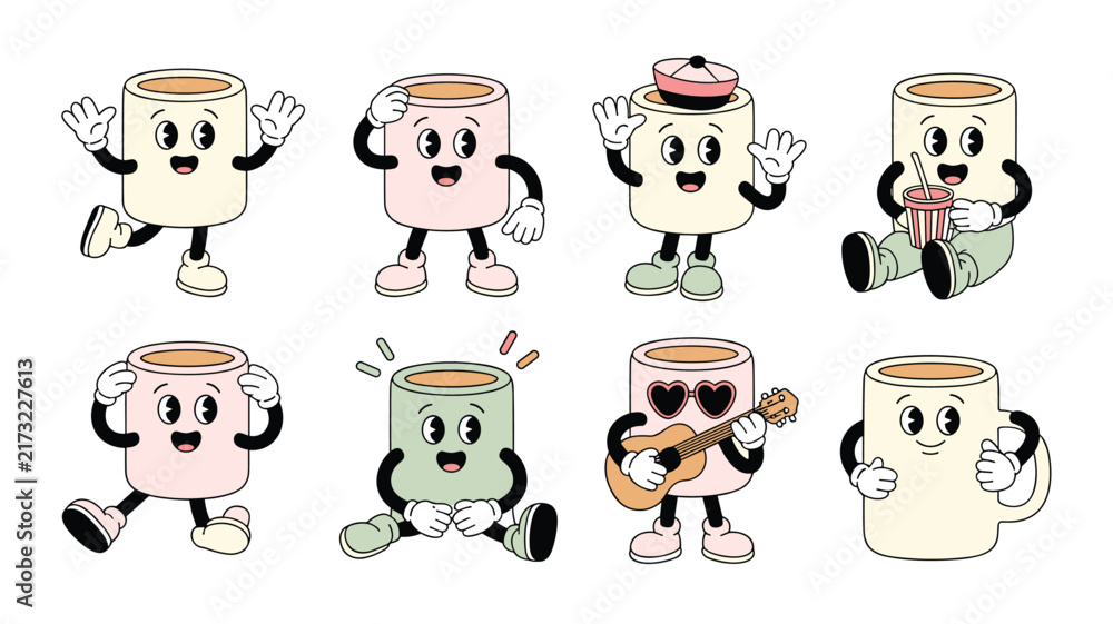 Obraz premium Retro cartoon coffee mug mascot collection bundle featuring various poses expressions guitar pop art characters isolated on white background
