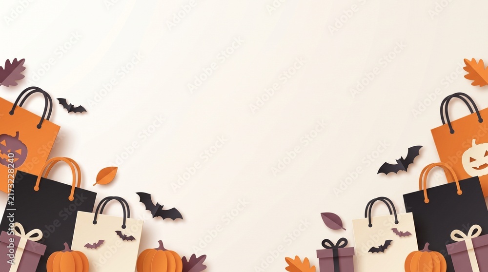Fototapeta premium Minimal Halloween Shopping Banner with Paper Bags Pumpkins Bats Gifts and Copy Space