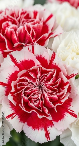 Vibrant Red and White Carnation Flowers Blooming in Soft Floral Arrangement