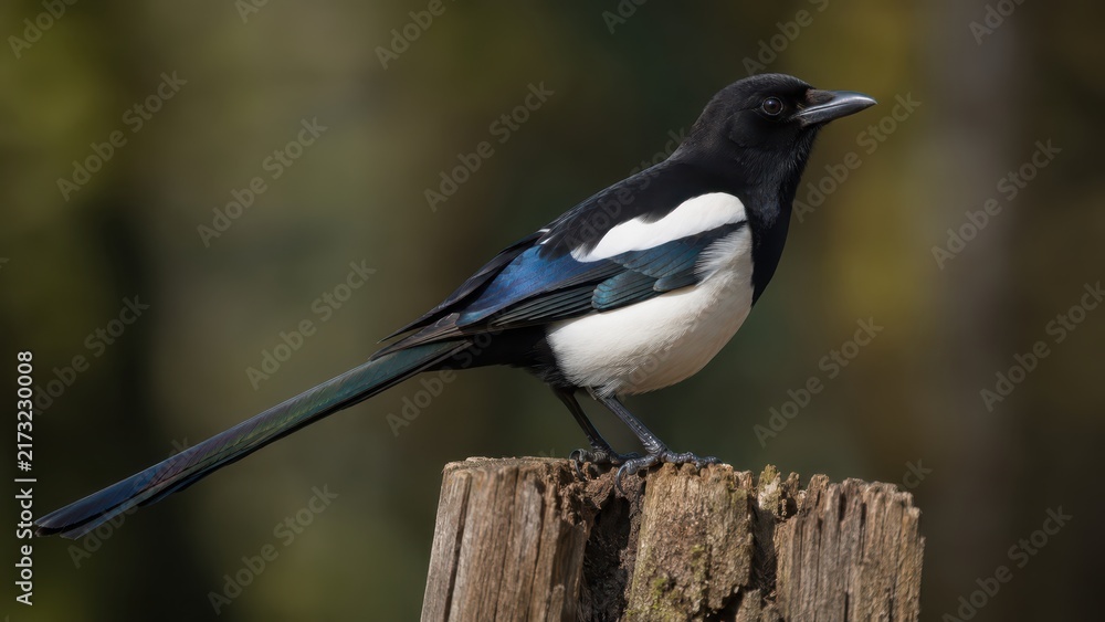 Obraz premium Eurasian magpie pica pica perched on wooden stump in forest nature environment with blurred background. Concept of bird, wildlife, animal, sitting, feathers. Copy space.