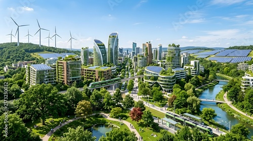 Aerial view of a futuristic sustainable eco city with green buildings renewable energy and lush urban nature