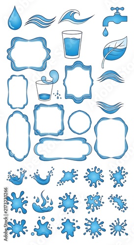 Blue Water Icons and Decorative Frames Arranged on White Background