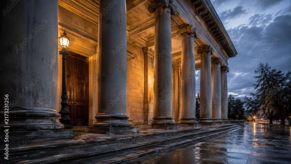 Fototapeta premium Classic portico facade with stone columns and warm evening lighting at dusk building exterior. Concept of classical architecture, stone pillars, entrance, illuminate, street lantern, colonnade.