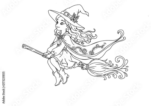 Fotografie cute anime witch riding a magjcal broomstick vector line art illustration for co