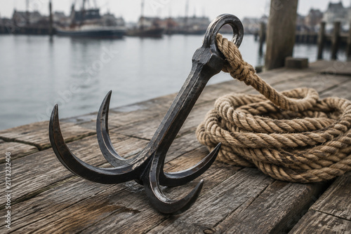 Forged iron grappling hook on dock planks with coiled rope, maritime equipment and harbor life concept