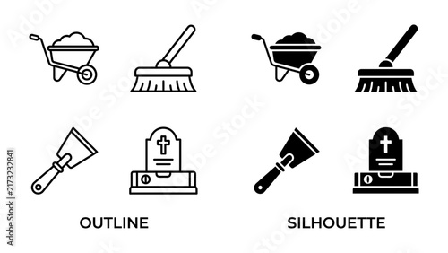 Bild auf Leinwand Grave Digging Tools Icons: A set of graphic icons depicting tools for grave digging, including a wheelbarrow filled with soil, a broom, a trowel, and a tombstone