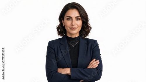 Confident professional woman with wavy dark hair wears navy blazer and black turtleneck on white background.