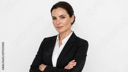 Sophisticated businesswoman in black suit and white shirt poses with crossed arms on white background.