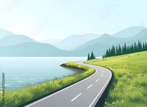 Scenic Cycling Trail Along Alpine Lake and Mountain Landscape