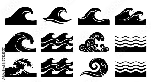 Set of 12 Black Wave Icons, Ocean Water Symbols, Nautical Design Elements, Sea Swirls