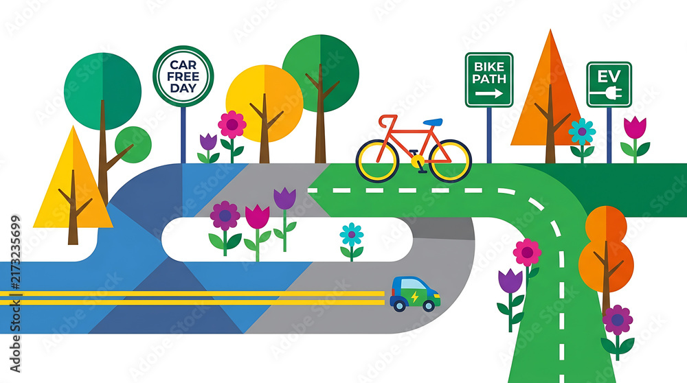 Fototapeta premium World Car Free Day eco city concept with bike path and trees, isolated on white transparent background