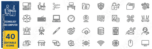Technology and Computer Line Art Icons Set with Digital Devices, Cybersecurity, Cloud Computing and Data Network Symbols