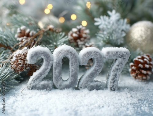 2027 numbers covered with snow and frost surrounded by pine branches and winter decorations on a snowy background