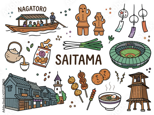 Foto Hand drawn doodle set of famous landmarks and food icons from saitama japan regi