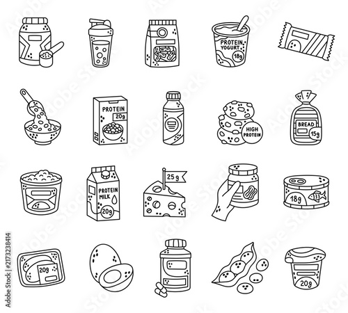 Protein product set featuring supplement shaker pasta yogurt bar oatmeal cereal beverage cookie bread milk cheese fish chicken egg pudding
