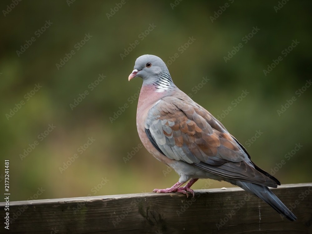 Fototapeta premium Close-up of a colorful pigeon perched on a wooden surface outdoors