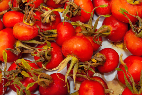 Closeup of Raw Ripe Orange Rosehip Berries.