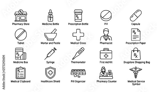 Pharmacy Thin Line Icons Vector Set for Medicine and Healthcare Services