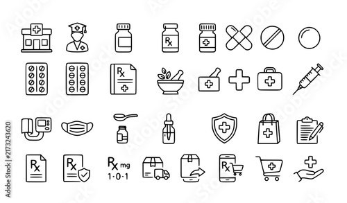 Pharmacy Medicine and Healthcare Editable Stroke Outline Icons Vector Collection