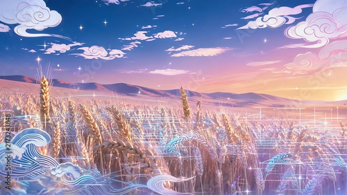 Golden Wheat Field at Dusk: Celestial Clouds and Starry Sky Art