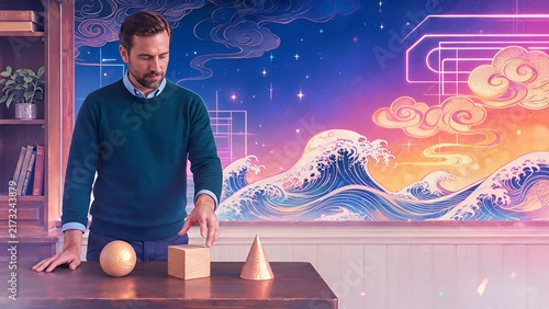 Celestial Geometry: Merging Traditional Waves with Modern Shapes in Art