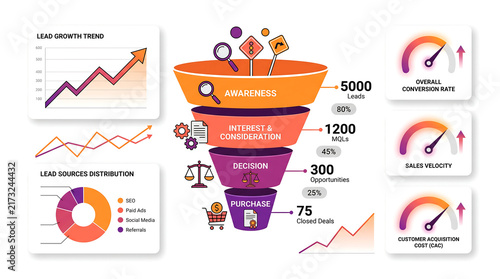 Comprehensive marketing funnel diagram illustrating lead generation, conversion stages, sales velocity, and customer acquisition metrics for business growth strategy