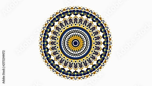 A detailed circular mandala design in blue and gold tones positioned on the right side, providing ample copy space for elegant branding or invitation cards.