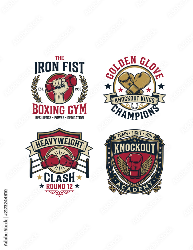 Fototapeta premium Vintage Boxing Club Badges and Retro Fight Emblems Set.