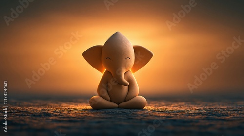 Cute seated Ganesha figurine from India meditating with closed eyes on a textured surface surrounded by warm golden backlight and soft atmospheric glow Theme of inner peace