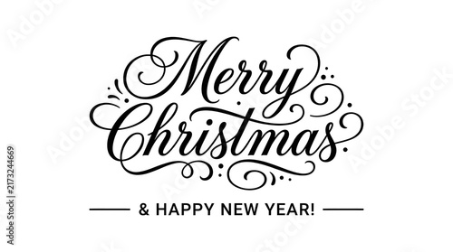 Elegant calligraphy 'merry christmas' and 'happy new year' greeting with flourishes and swirls