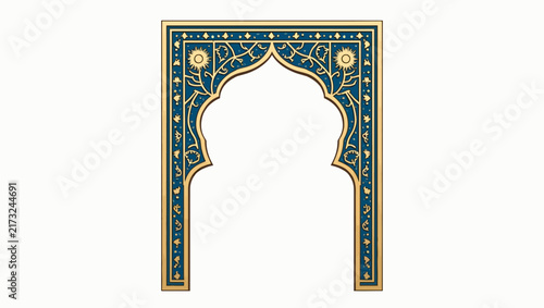 A decorative blue and gold floral border in an Islamic art style, isolated on a white background with copy space for invitations or certificates.
