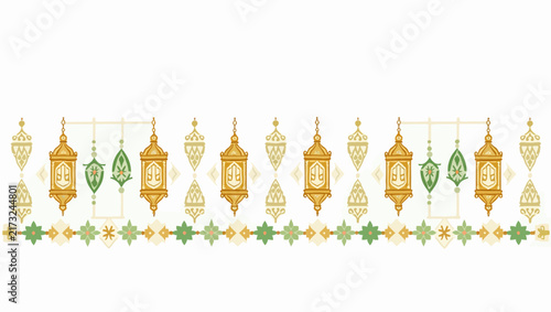 A decorative vector border featuring traditional Arabic lanterns and geometric patterns in gold and green, ideal for Ramadan and Eid greeting cards.