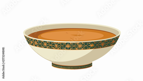 Flat design illustration of a ceramic bowl filled with brown soup, featuring traditional decorative patterns and copy space for culinary marketing.