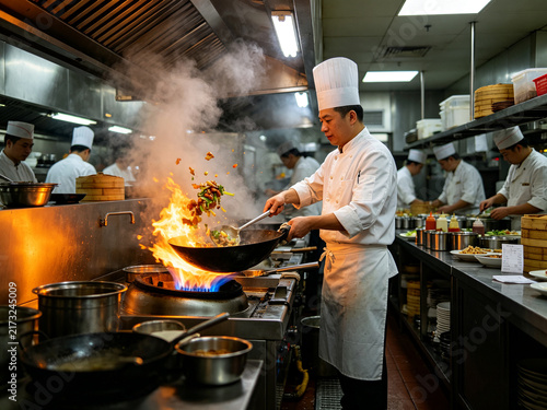 Chinese Chef Stir‑Frying With Wok and High Flame in Hotel Commercial Kitchen