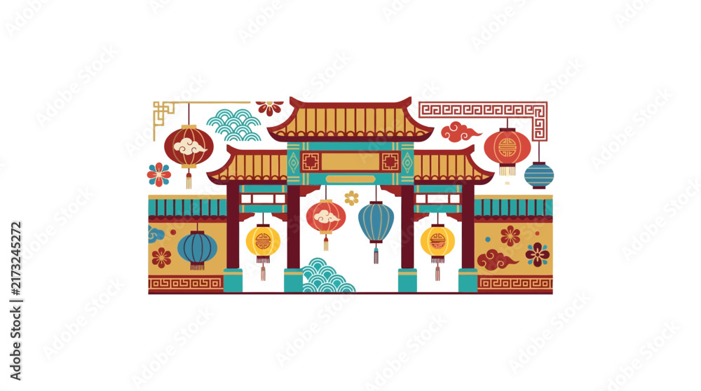Fototapeta premium Traditional Asian Gate Illustration with Decorative Lanterns and Patterns
