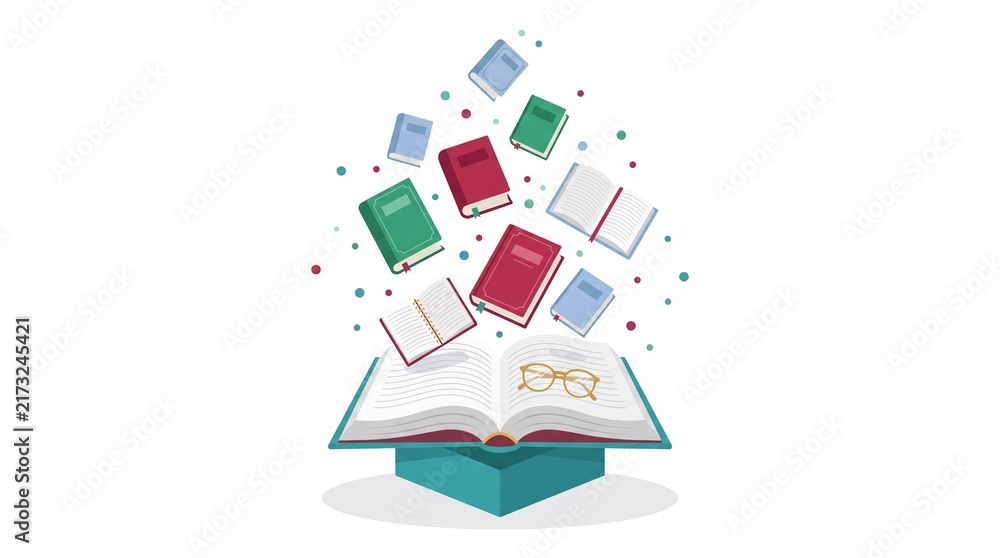 Fototapeta premium Flying books illustration, open textbook with floating literature, educational concept art for literacy and learning