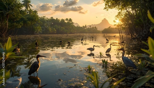 Serene tropical wetland landscape at sunset with herons and other waterbirds standing in calm reflective water, surrounded by lush Southeast Asian vegetation and distant mountains.