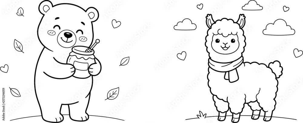Naklejka premium Cute hand drawn bear and llama characters for children coloring book page line art