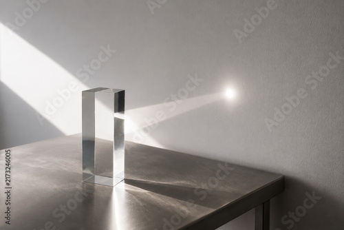 Sunbeam passing through clear acrylic block onto white wall, light transmittance concept