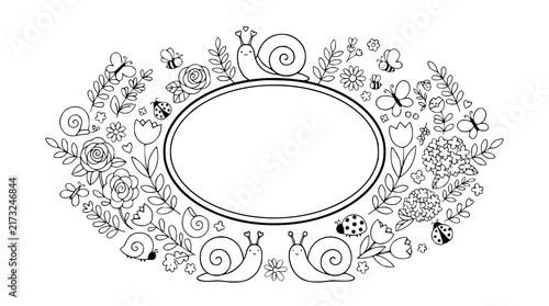 Whimsical Garden Snail and Blooming Flower Oval Frame Vector Set