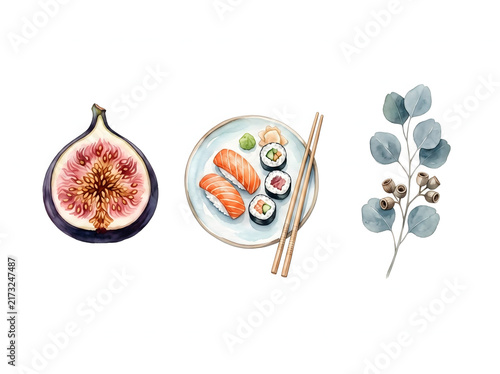 Fresh Figs Sushi Plate and Eucalyptus Branch on White Background