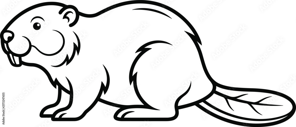 Obraz premium Cute Beaver Line Art Vector Illustration Cartoon Animal Character Design Isolated on White Background for Kids Coloring Book and Nature Graphic Elements