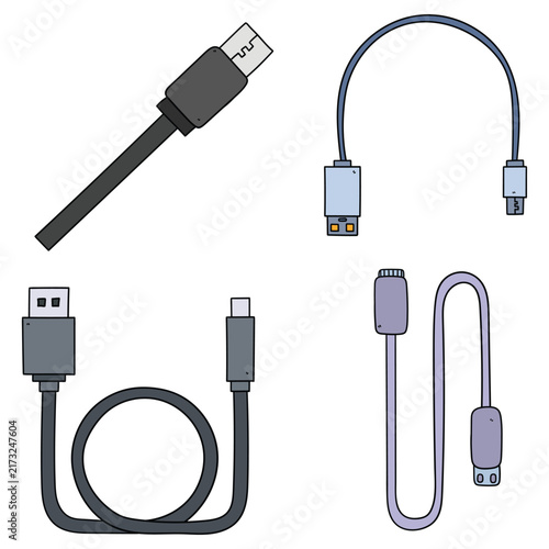 Hand-drawn cartoon set of usb cables on a white background.